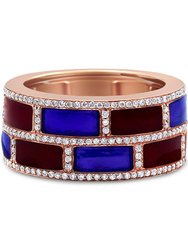 18K Rose Gold Alternating Red and Blue Enamel and 1/2 Cttw Diamond Studded Band Ring - Rose