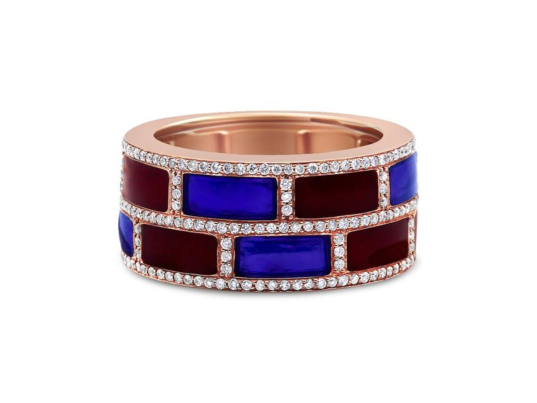 18K Rose Gold Alternating Red and Blue Enamel and 1/2 Cttw Diamond Studded Band Ring - Rose