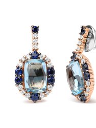 18K White And Rose Gold 3/4 Cttw Diamond With Round Blue Sapphire And Sky Blue Topaz Gemstone Cluster Dangle Earrings G-H Color, SI1-SI2 Clarity