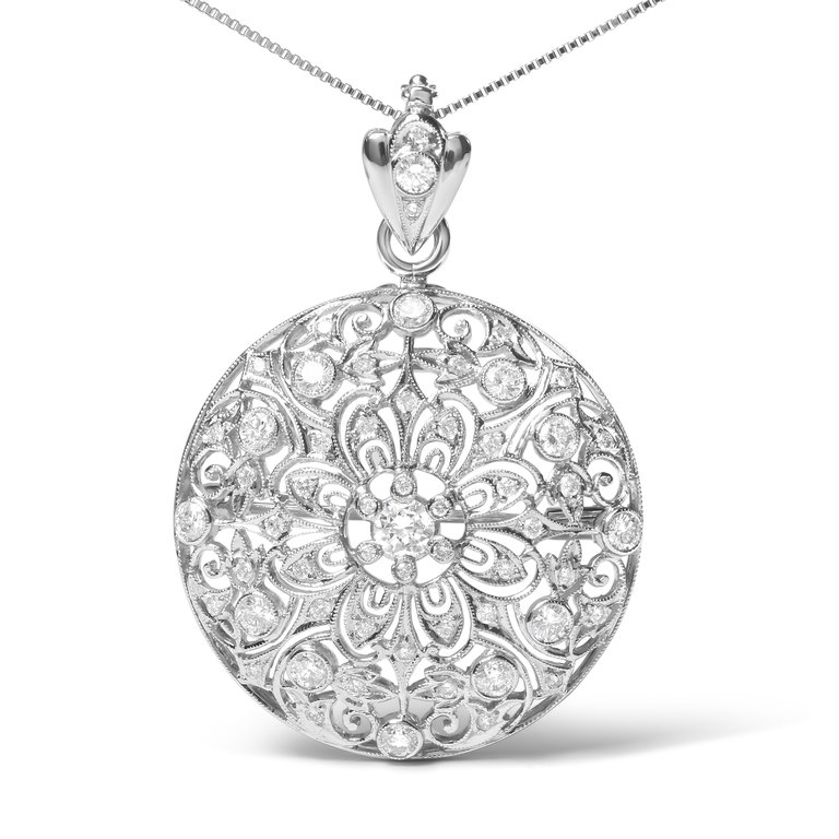 18K White Gold 1 5/6 Cttw Diamond Cluster Floral Filigree Brooch Pin And 18" Pendant Necklace - G-H Color, I1-I2 Clarity