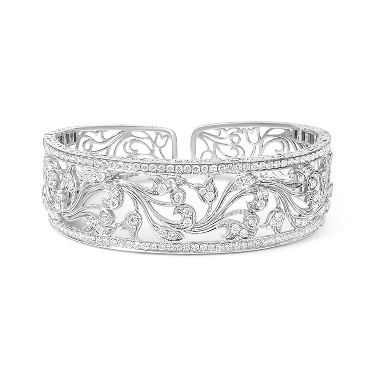 18K White Gold 3 1/4 Cttw Pave Diamond Openwork Floral Filigree Swirl Bangle Cuff Bracelet (H-I Color, VS2-SI1 Clarity) - White Gold