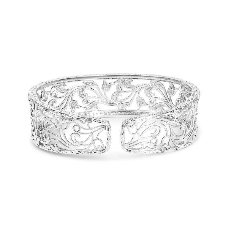 18K White Gold 3 1/4 Cttw Pave Diamond Openwork Floral Filigree Swirl Bangle Cuff Bracelet (H-I Color, VS2-SI1 Clarity)