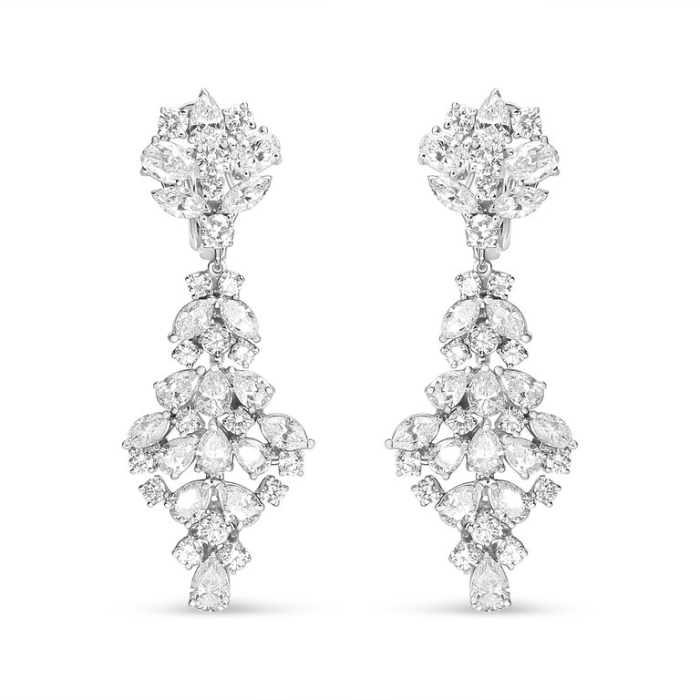 18K White Gold 9 1/2 Cttw Diamond Cluster Drop Dangle Clip-On Earrings (F-G Color, VS1-VS2 Clarity)