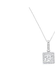 18K White Gold GIA Certified Princess Diamond Halo Pendant Necklace