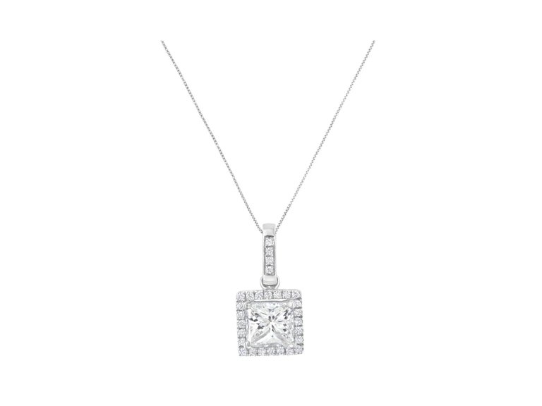 18K White Gold GIA Certified Princess Diamond Halo Pendant Necklace