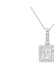 18K White Gold GIA Certified Princess Diamond Halo Pendant Necklace - White