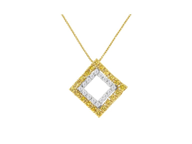 2 Micron 14K Yellow Gold Plated Sterling Silver Color Treated Diamond Square Pendant Necklace - White/Yellow