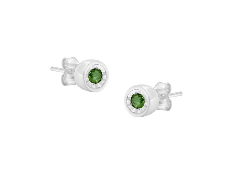 .925 Sterling Silver 0.15 Cttw Round Brilliant-Cut Green Diamond Miracle-Set Stud Earrings - Silver