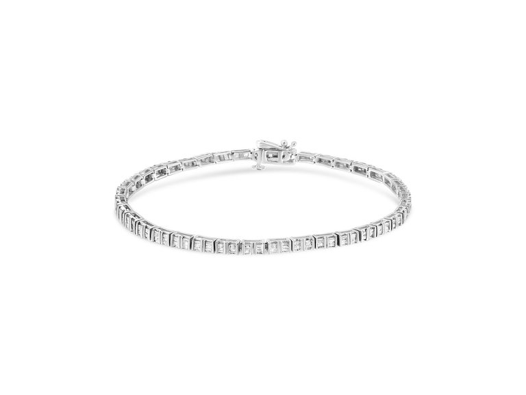 .925 Sterling Silver 1-1/10 Cttw Baguette Diamond Channel Set Link Tennis Bracelet - White