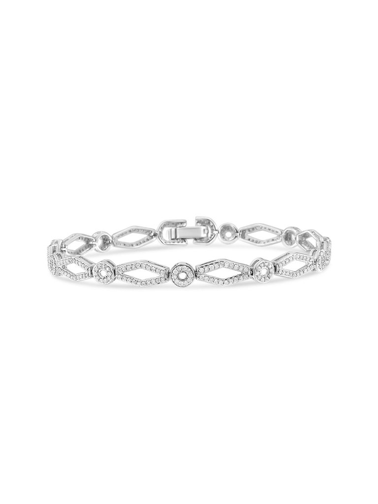 .925 Sterling Silver 1 1/2 Cttw Diamond Studded Alternating Circle And Kite-Shaped Vintage-Style Link Bracelet - 7"