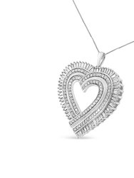 .925 Sterling Silver 1 1/4 Cttw Round And Baguette-Cut Diamond Composite Heart 18" Pendant Necklace - I-J Color, I1-I2 Clarity