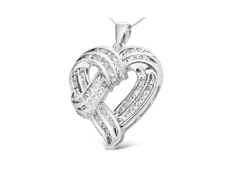 .925 Sterling Silver 1 1/4 Cttw Round Diamond Openwork Ribbon Weave Heart Pendant 18" Necklace
