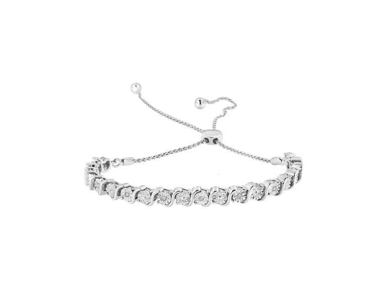 .925 Sterling Silver 1/10 Cttw Diamond Miracle Plate in Bypass Style "S" Links Adjustable Bolo Bracelet - Silver