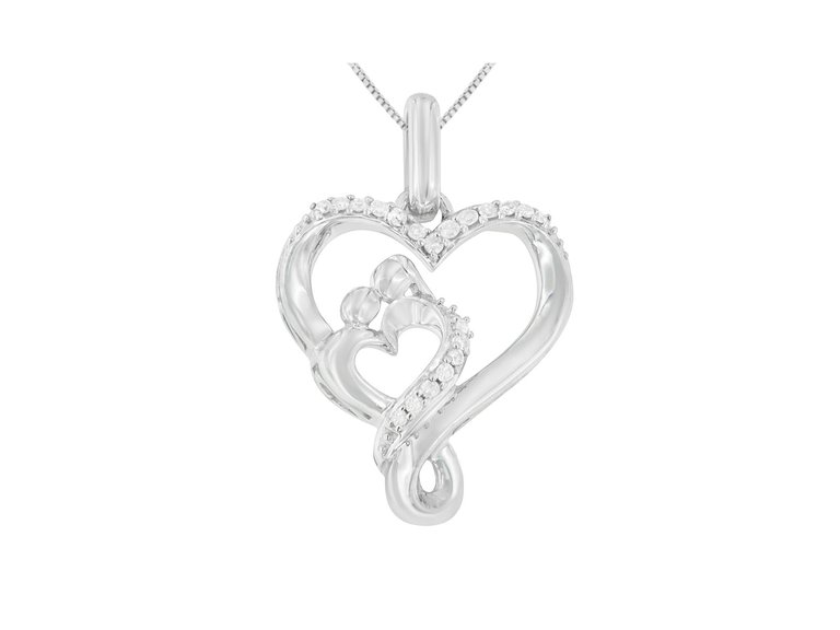 .925 Sterling Silver 1/10 Cttw Diamond Mother And Child Double Open Heart 18" Pendant Necklace - White