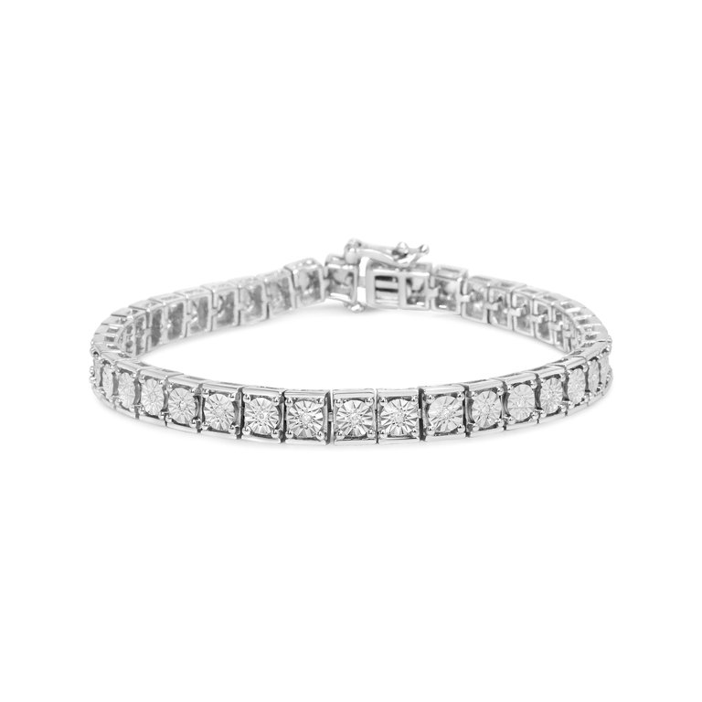 .925 Sterling Silver 1/10 Cttw Miracle Set Diamond And Beaded Tennis Link Bracelet - I-J Color, I2-I3 Clarity - 7.25" - Silver