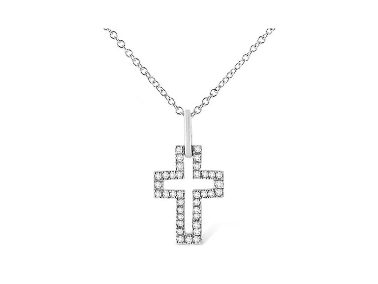 .925 Sterling Silver 1/10 Cttw Pave-Set Round-Cut Diamond Open Cross 18" Pendant Necklace - White