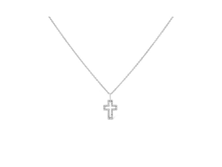 .925 Sterling Silver 1/10 Cttw Pave-Set Round-Cut Diamond Open Cross 18" Pendant Necklace