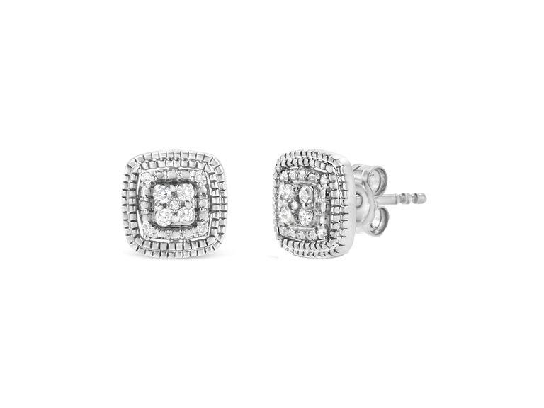.925 Sterling Silver 1/10 Cttw Prong-Set Round Cut Diamond Square Shape with Milgrain Halo Stud Earrings - White