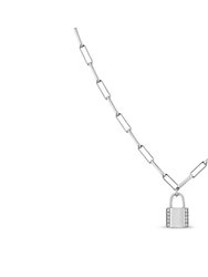 .925 Sterling Silver 1/10 Cttw Round Diamond Lock Pendant 18" Paperclip Chin Necklace - Silver