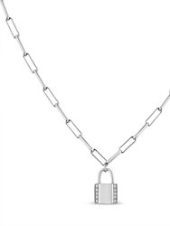 .925 Sterling Silver 1/10 Cttw Round Diamond Lock Pendant 20" Paperclip Chin Necklace - H-I Color, SI1-SI2 Clarity