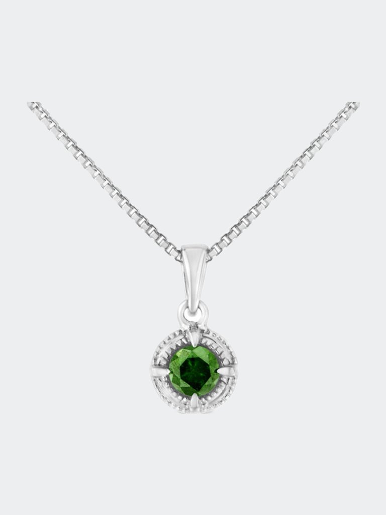 .925 Sterling Silver 1/10 Cttw Treated Diamond Solitaire 18" Milgrain Pendant Necklace - Green