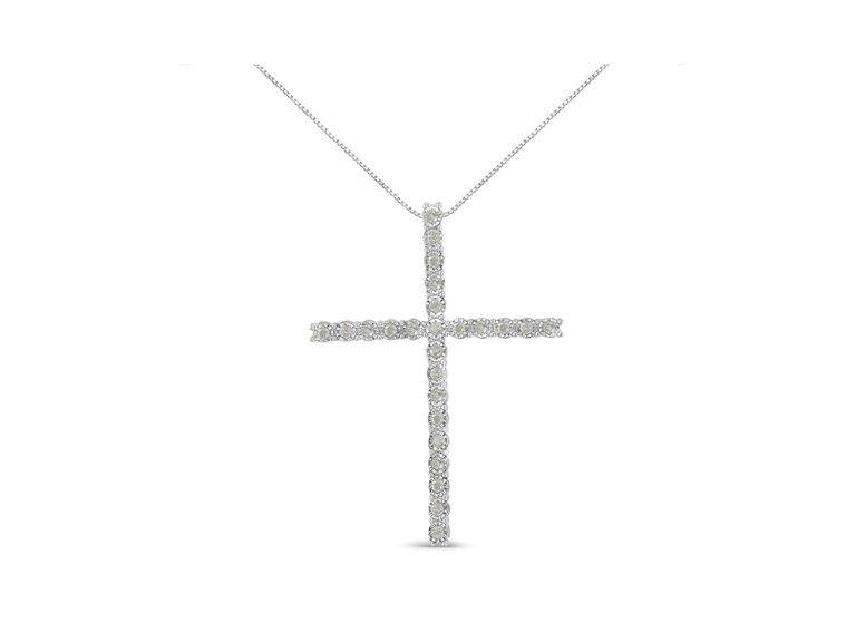 .925 Sterling Silver 1/2 Cttw Brilliant Cut Diamond Miracle-Set Cross 18" Unisex Pendant Necklace - Sterling Silver