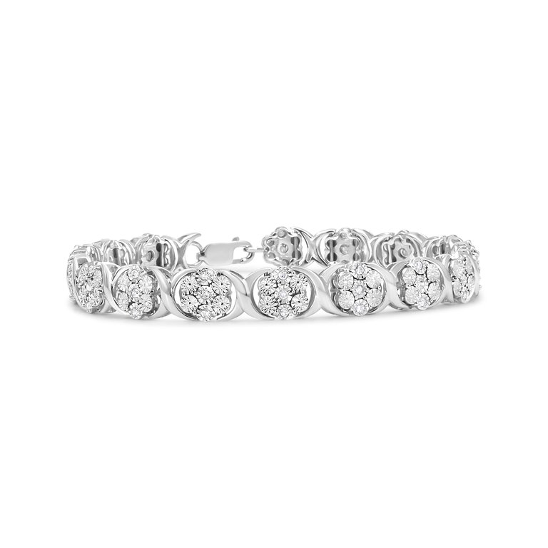 .925 Sterling Silver 1/2 Cttw Diamond 7 Stone Floral Cluster Link Bracelet - I-J Color, I2-I3 Clarity - 7.25" - Silver