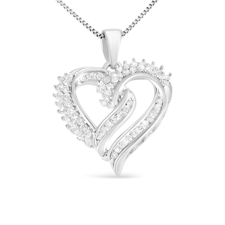 .925 Sterling Silver 1/2 Cttw Diamond Double Row Openwork Heart Pendant 18" Necklace - Silver