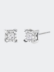 .925 Sterling Silver 1/2 Cttw Miracle Set Princess-cut Diamond Solitaire Stud Earrings - White