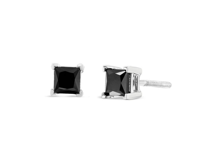 .925 Sterling Silver 1/2 Cttw Princess Cut Treated Black Diamond Screw-Back 4-Prong Classic Stud Earrings