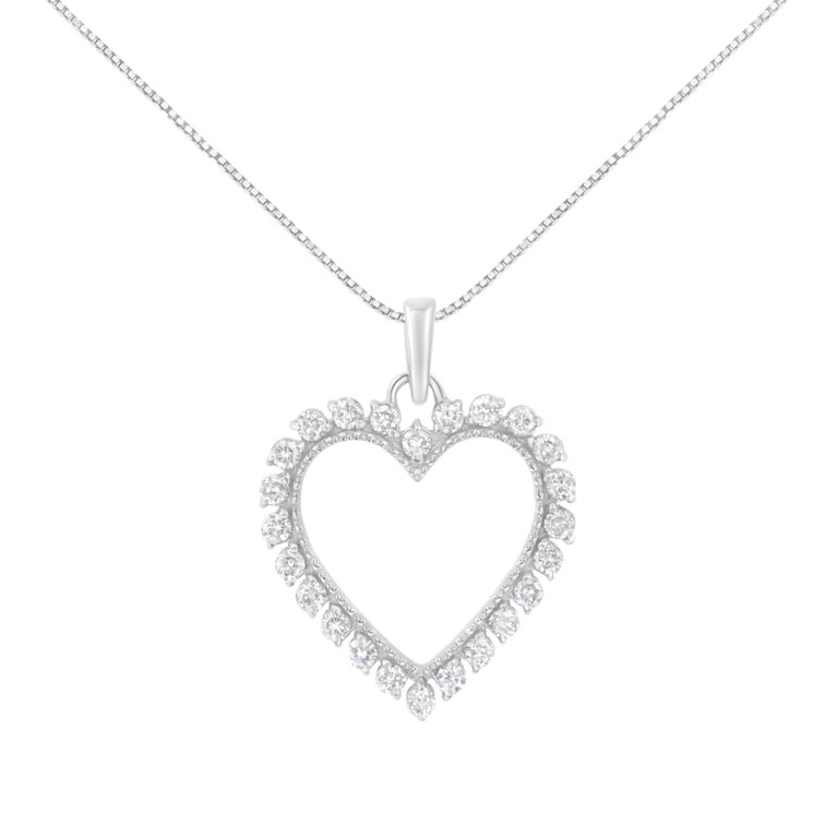 .925 Sterling Silver 1/2 Cttw Prong Set Diamond Encrusted Open Heart 18" Pendant Necklace - I-J Color, I1-I2 Clarity - White