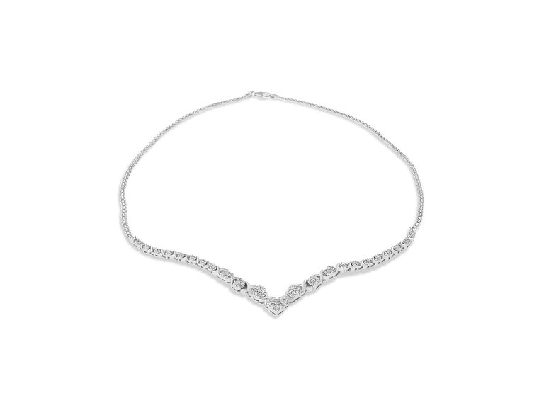 .925 Sterling Silver 1/2 cttw Prong Set Round Diamond Graduated Cluster and Heart Center 18" Statement Necklace