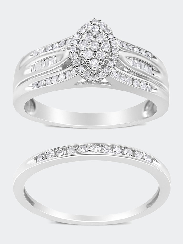 .925 Sterling Silver 1/2 Cttw Round and Baguette-Cut Diamond Engagement Bridal Set - White