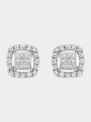.925 Sterling Silver 1/2 Cttw Round and Princess-Cut Diamond Stud Earrings - Silver
