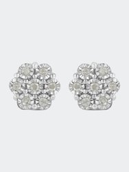 .925 Sterling Silver 1/2 Cttw Round-Cut Diamond Miracle-Set Floral Cluster Button Stud Earrings - White