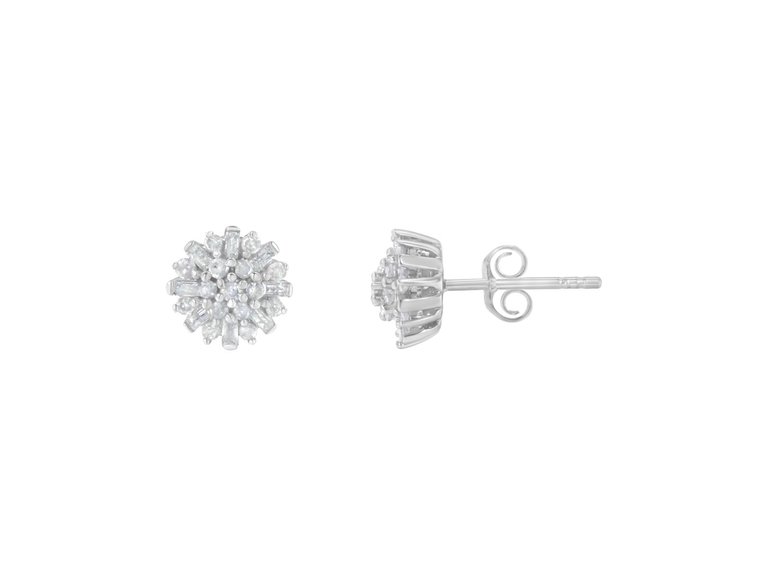 .925 Sterling Silver 1/2 Round And Baguette Diamond Sunburst Floral Cluster Stud Earrings