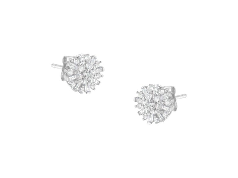 .925 Sterling Silver 1/2 Round And Baguette Diamond Sunburst Floral Cluster Stud Earrings - White