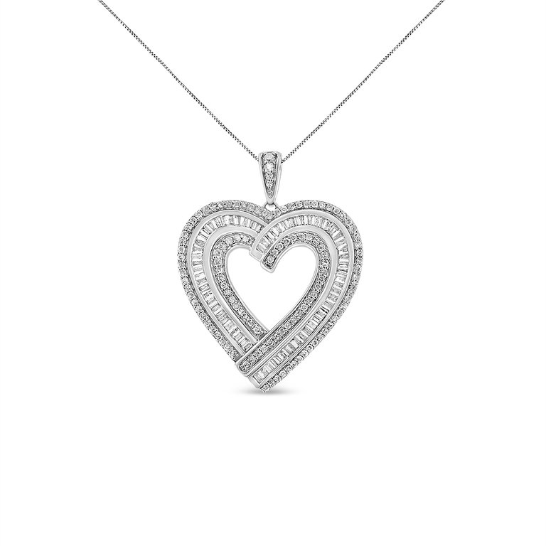 .925 Sterling Silver 1 3/8 Cttw Baguette Diamond Composite Heart 18" Pendant Necklace - Silver