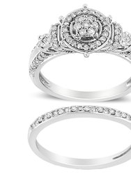 .925 Sterling Silver 1/3 Cttw Diamond 7 Stone Cluster And Halo Engagement Ring And Wedding Band Set  I-J Color, I1-I2 Clarity - Size 5 - Silver