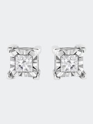 .925 Sterling Silver 1/3 Cttw Miracle Set Princess-Cut Diamond Solitaire Stud Earrings - White