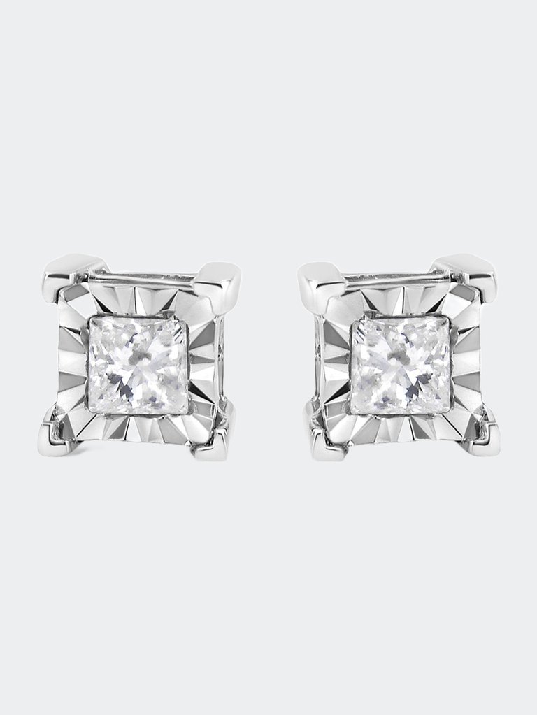 .925 Sterling Silver 1/3 Cttw Miracle Set Princess-Cut Diamond Solitaire Stud Earrings - White