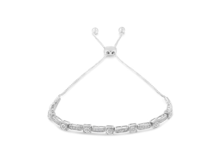 .925 Sterling Silver 1/4 Cttw Diamond Art Deco Milgrain Square Station & Bar Style Adjustable Bolo 6"-9" Bracelet