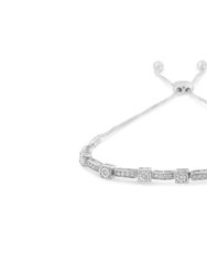 .925 Sterling Silver 1/4 Cttw Diamond Art Deco Milgrain Square Station & Bar Style Adjustable Bolo 6"-9" Bracelet - Silver