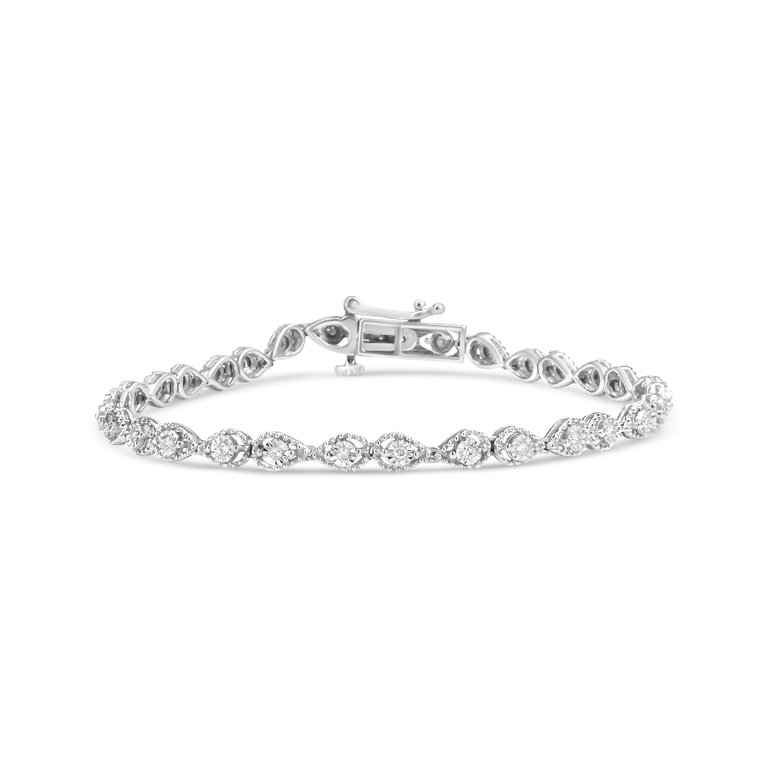 .925 Sterling Silver 1/4 Cttw Diamond Beaded Marquise Shape Link Bracelet - I-J Color, I1-I2 Clarity - Size 7.25" - Silver