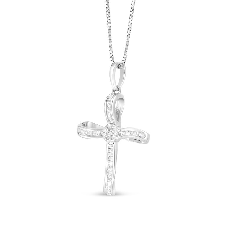 .925 Sterling Silver 1/4 Cttw Diamond Floral Cluster Cross Pendant Necklace - I-J Color, I2-I3 Clarity