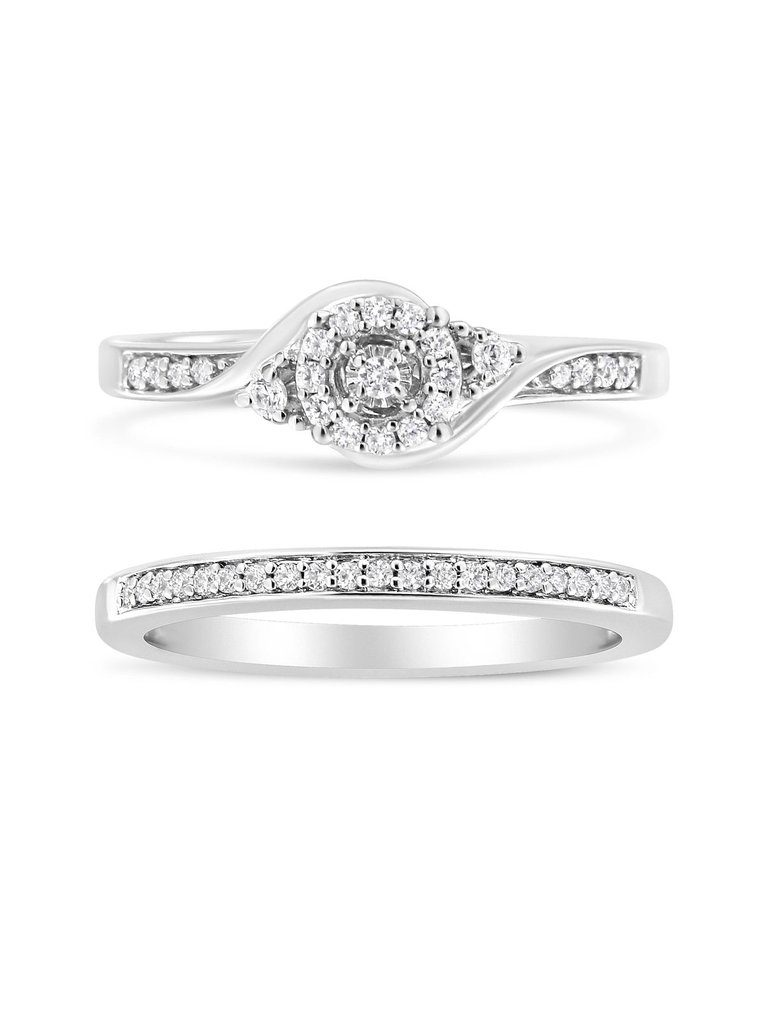 .925 Sterling Silver 1/4 Cttw Diamond Halo And Swirl Engagement Ring and Wedding Band Set