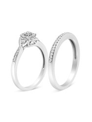 .925 Sterling Silver 1/4 Cttw Diamond Halo And Swirl Engagement Ring and Wedding Band Set