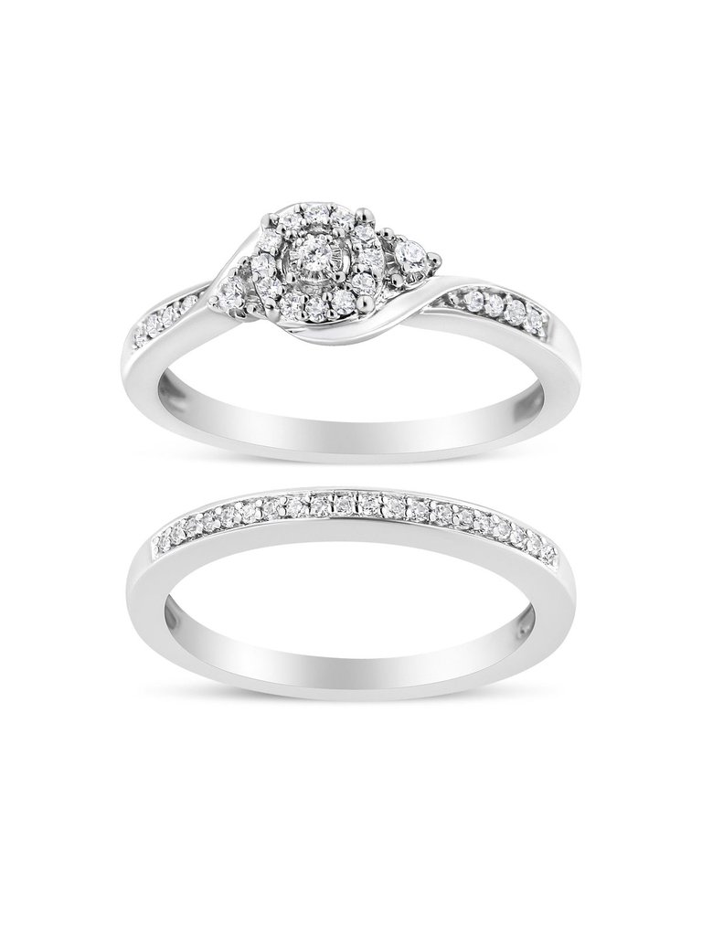 .925 Sterling Silver 1/4 Cttw Diamond Halo And Swirl Engagement Ring and Wedding Band Set - Sterling Silver