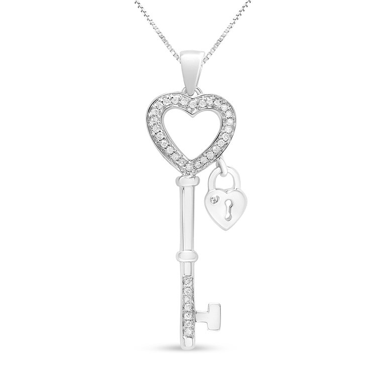 .925 Sterling Silver 1/4 Cttw Diamond Lock & Key heart 18" Pendant Necklace (I-J Color, I3 Clarity) - Sliver