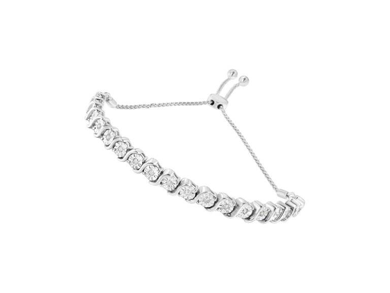 .925 Sterling Silver 1/4 Cttw Diamond "S" Curve Link Bolo Style Adjustable Bracelet